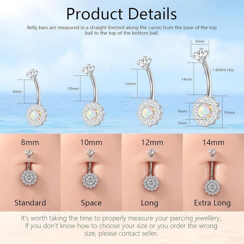 G23 Titanium Belly Button Rings, 8/10/12/14mm Belly Rings,14G Belly Button Rings, Navel Piercing Jewelry With Round Cubic Zirconia, Internally Threaded, Nickel-Free in Saudi Arabia
