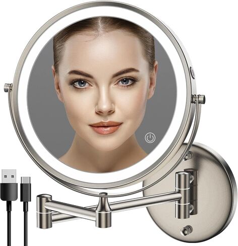 Rocollos Rechargeable Wall Mounted Lighted Makeup Mirror Chrome, 8 Inch Double-Sided LED Vanity Mirror 1X/10X Magnification,3 Color Lights Touch Screen Dimmable 360°Swivel 13 Inch Extendable in Saudi Arabia
