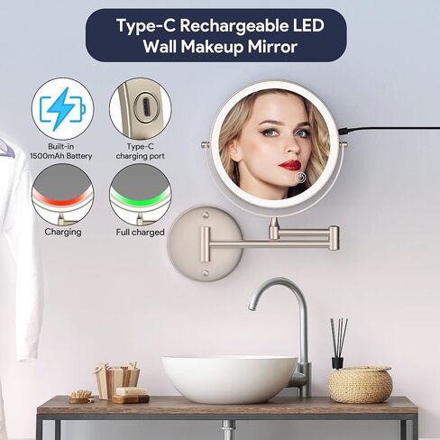 Rocollos Rechargeable Wall Mounted Lighted Makeup Mirror Chrome, 8 Inch Double-Sided LED Vanity Mirror 1X/10X Magnification,3 Color Lights Touch Screen Dimmable 360°Swivel 13 Inch Extendable in Saudi Arabia