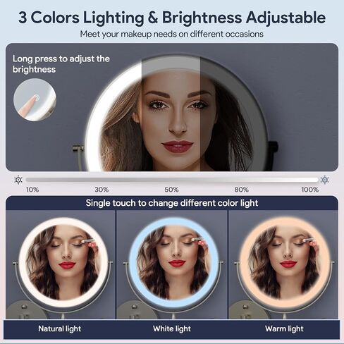 Rocollos Rechargeable Wall Mounted Lighted Makeup Mirror Chrome, 8 Inch Double-Sided LED Vanity Mirror 1X/10X Magnification,3 Color Lights Touch Screen Dimmable 360°Swivel 13 Inch Extendable in Saudi Arabia