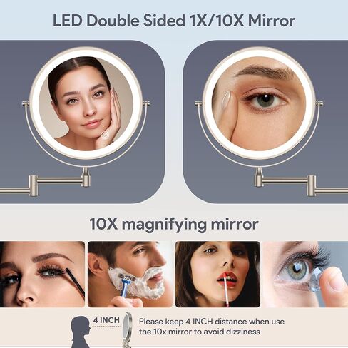 Rocollos Rechargeable Wall Mounted Lighted Makeup Mirror Chrome, 8 Inch Double-Sided LED Vanity Mirror 1X/10X Magnification,3 Color Lights Touch Screen Dimmable 360°Swivel 13 Inch Extendable in Saudi Arabia