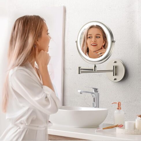 Rocollos Rechargeable Wall Mounted Lighted Makeup Mirror Chrome, 8 Inch Double-Sided LED Vanity Mirror 1X/10X Magnification,3 Color Lights Touch Screen Dimmable 360°Swivel 13 Inch Extendable in Saudi Arabia