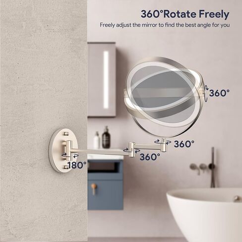 Rocollos Rechargeable Wall Mounted Lighted Makeup Mirror Chrome, 8 Inch Double-Sided LED Vanity Mirror 1X/10X Magnification,3 Color Lights Touch Screen Dimmable 360°Swivel 13 Inch Extendable in Saudi Arabia