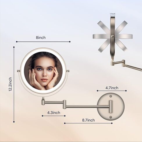Rocollos Rechargeable Wall Mounted Lighted Makeup Mirror Chrome, 8 Inch Double-Sided LED Vanity Mirror 1X/10X Magnification,3 Color Lights Touch Screen Dimmable 360°Swivel 13 Inch Extendable in Saudi Arabia