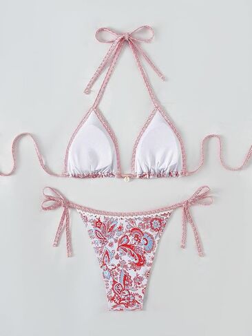 مجموعة Bikini سلسلة المثلثات الزهرية للسيدات ، أعلى الرسن الأصفر مع القاع الجانبي ، Summer Beach Swimwear PQ24200 in Saudi Arabia