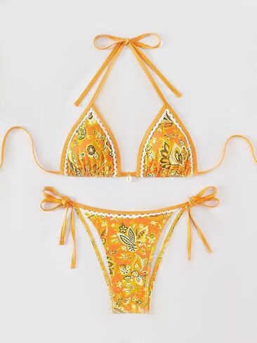 مجموعة Bikini سلسلة المثلثات الزهرية للسيدات ، أعلى الرسن الأصفر مع القاع الجانبي ، Summer Beach Swimwear PQ24200 in Kuwait