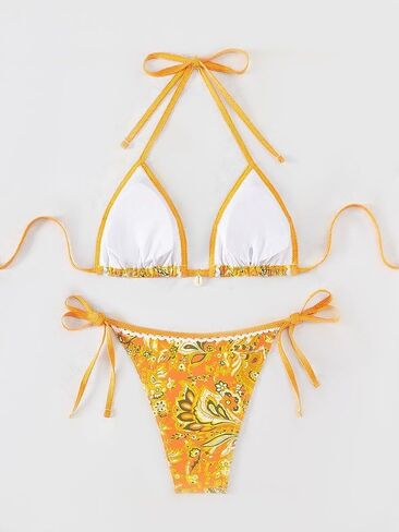 مجموعة Bikini سلسلة المثلثات الزهرية للسيدات ، أعلى الرسن الأصفر مع القاع الجانبي ، Summer Beach Swimwear PQ24200 in Kuwait