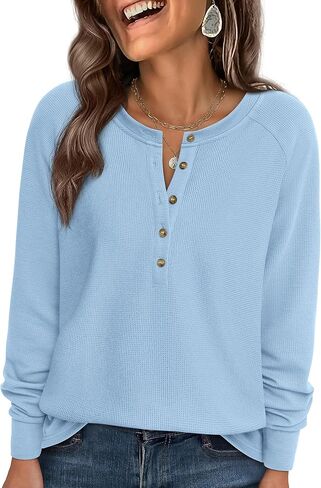 PRETTYGARDEN Women's Long Sleeve Waffle Knit Shirts 2025 Fall Casual Button Up Henley V Neck Tunic Tops Loose Fit Basic Tees in Saudi Arabia