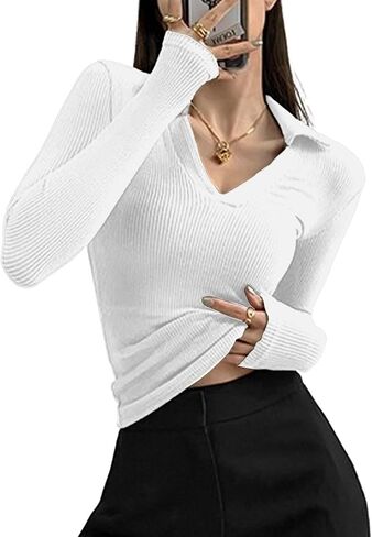 Polo Shirts for Women Long Sleeve Tops V Neck Womens T Shirts Slim Fitted Tees Casual Womens Tops in Saudi Arabia