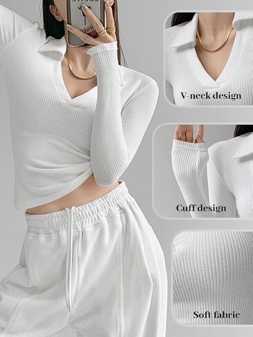 Polo Shirts for Women Long Sleeve Tops V Neck Womens T Shirts Slim Fitted Tees Casual Womens Tops in Saudi Arabia