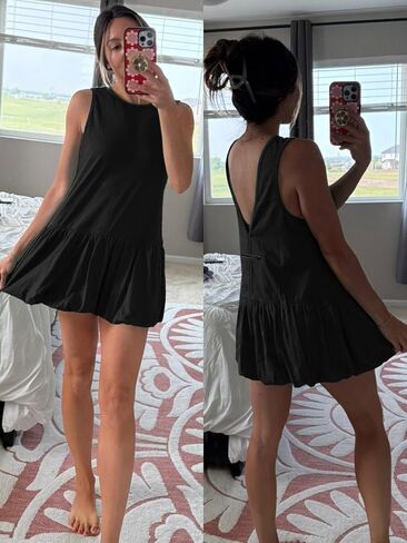 فستان تنس Womens Dokuritu مع شورتات طاقم عاريات الفقاعات الفقاعة بلا أكمام فستان تجريب الجولف غير الرسمي مع جيوب in Kuwait