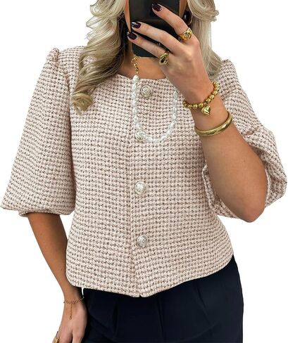 Cicy Bell Womens Cropped Tweed Blazers Puff Short Sleeve Crew Neck Button Business Casual Suit Jackets in Saudi Arabia