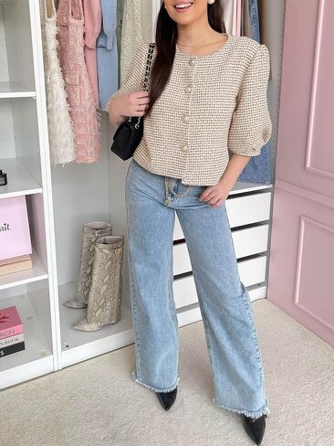 Cicy Bell Womens Cropped Tweed Blazers Puff Short Sleeve Crew Neck Button Business Casual Suit Jackets in Saudi Arabia