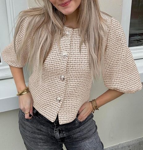 Cicy Bell Womens Cropped Tweed Blazers Puff Short Sleeve Crew Neck Button Business Casual Suit Jackets in Saudi Arabia