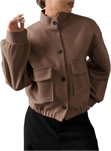 OYOANGLE Women's Button Down Jackets Long Sleeve Mock Neck Loose Casual Coats with Pockets in Saudi Arabia