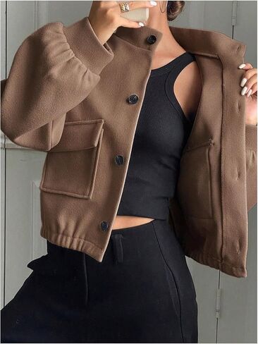 OYOANGLE Women's Button Down Jackets Long Sleeve Mock Neck Loose Casual Coats with Pockets in Saudi Arabia
