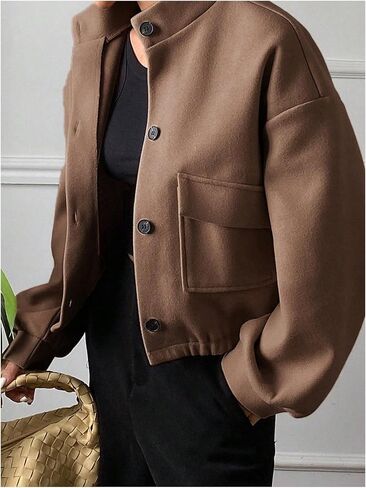 OYOANGLE Women's Button Down Jackets Long Sleeve Mock Neck Loose Casual Coats with Pockets in Saudi Arabia