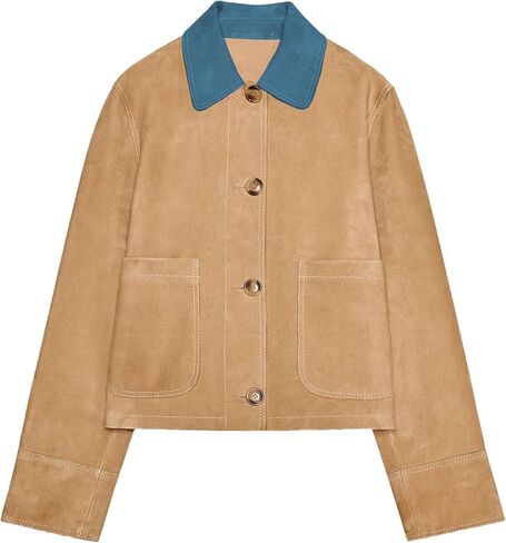 Mingzhu Women's Fall Faux Suede Contrasting Lapel Collar Jacket Long Sleeve Vintage Button Down Shackets with Pockets in Saudi Arabia