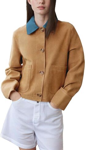 Mingzhu Women's Fall Faux Suede Contrasting Lapel Collar Jacket Long Sleeve Vintage Button Down Shackets with Pockets in Saudi Arabia