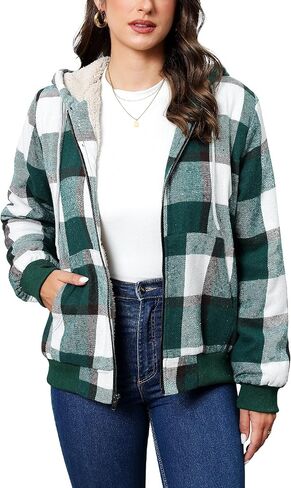 Shawnda Women's Flannel Casual Plaid Full zip up Sherpa sherpa cined Hoodie Coath مع جيوب in Kuwait