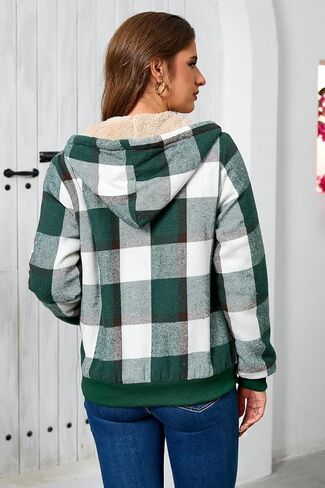 Shawnda Women's Flannel Casual Plaid Full zip up Sherpa sherpa cined Hoodie Coath مع جيوب in Kuwait