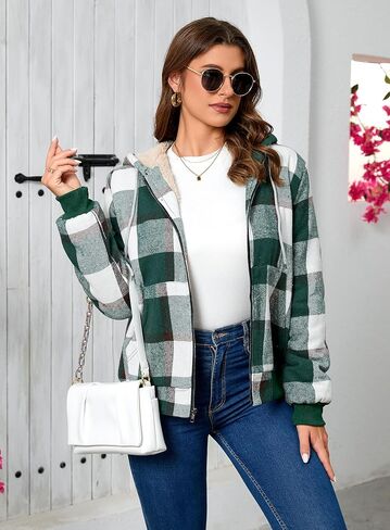 Shawnda Women's Flannel Casual Plaid Full zip up Sherpa sherpa cined Hoodie Coath مع جيوب in Kuwait