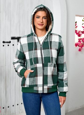 Shawnda Women's Flannel Casual Plaid Full zip up Sherpa sherpa cined Hoodie Coath مع جيوب in Kuwait