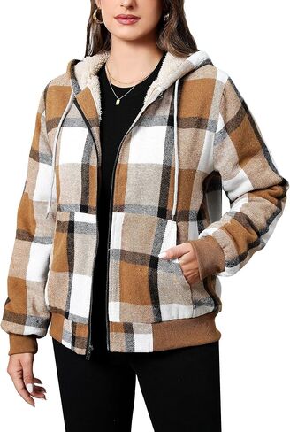 Shawnda Women's Flannel Casual Plaid Full zip up Sherpa sherpa cined Hoodie Coath مع جيوب in Kuwait