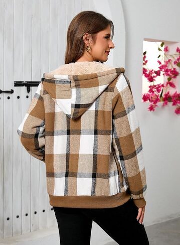 Shawnda Women's Flannel Casual Plaid Full zip up Sherpa sherpa cined Hoodie Coath مع جيوب in Kuwait