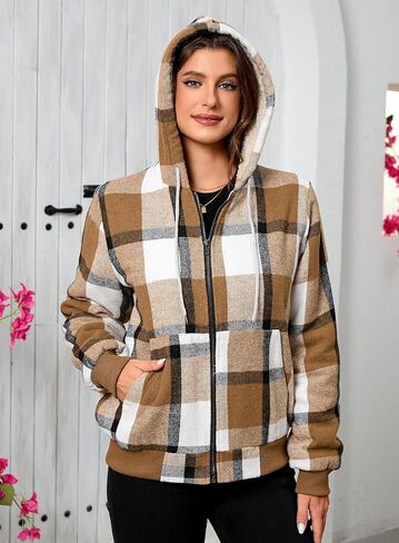 Shawnda Women's Flannel Casual Plaid Full zip up Sherpa sherpa cined Hoodie Coath مع جيوب in Kuwait