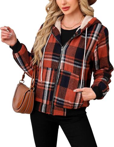 Shawnda Women's Flannel Casual Plaid Full zip up Sherpa sherpa cined Hoodie Coath مع جيوب in Saudi Arabia