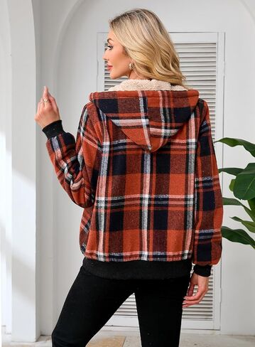 Shawnda Women's Flannel Casual Plaid Full zip up Sherpa sherpa cined Hoodie Coath مع جيوب in Saudi Arabia