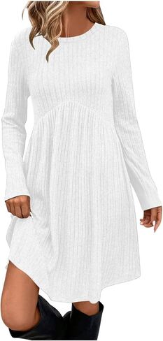 Fall Dresses for Women Long Sleeve Sweater Dress Casual Ribbed Knit Crewneck Dresses Loose Fit Knee Length Dress in Saudi Arabia