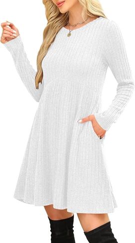 Fall Dresses for Women Long Sleeve Sweater Dress Casual Ribbed Knit Crewneck Dresses Loose Fit Knee Length Dress in Saudi Arabia