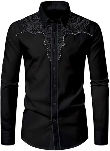 KISSQIQI Mens Western Cowboy Shirt Casual Button Down Long Sleeve Embroidered Shirts Fashion Slim Fit Design Shirts in Saudi Arabia