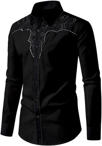 KISSQIQI Mens Western Cowboy Shirt Casual Button Down Long Sleeve Embroidered Shirts Fashion Slim Fit Design Shirts in Saudi Arabia