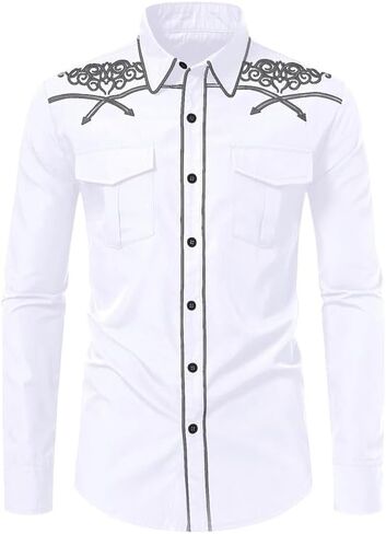 KISSQIQI Mens Western Cowboy Shirt Casual Button Down Long Sleeve Embroidered Shirts Fashion Slim Fit Design Shirts in Saudi Arabia