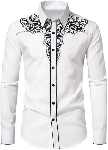 Kissqiqi Mens Western Cowboy Shirt زر غير رسمي أسفل الأكمام الطويلة قمصان مطرزة in Kuwait