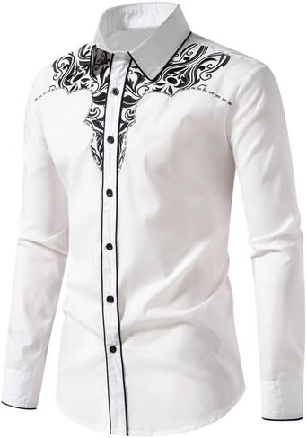 Kissqiqi Mens Western Cowboy Shirt زر غير رسمي أسفل الأكمام الطويلة قمصان مطرزة in Kuwait
