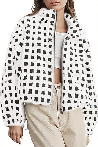 Women Y2k Plaid Jacket Fuzzy Zip Up Long Sleeve Warm Oversized Fall Winter Sherpa Fleece Cropped Jackets Coat in Saudi Arabia