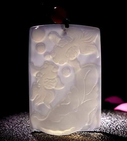 Natural White Chalcedony Lotus Leaf Goldfish Carved Pendant Necklace in Saudi Arabia