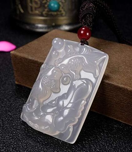 Natural White Chalcedony Lotus Leaf Goldfish Carved Pendant Necklace in Saudi Arabia