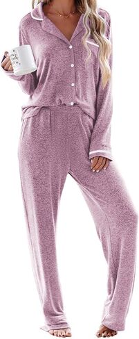 Ekouaer Women's Pajama Sets Long Sleeve Button Down 2 Piece Pjs Soft Lounge Sets Notch Collar Sleepwear in Saudi Arabia