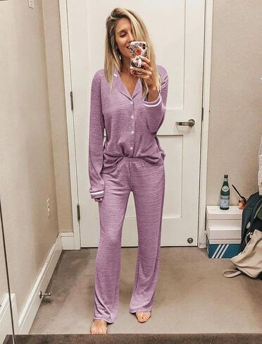 Ekouaer Women's Pajama Sets Long Sleeve Button Down 2 Piece Pjs Soft Lounge Sets Notch Collar Sleepwear in Saudi Arabia