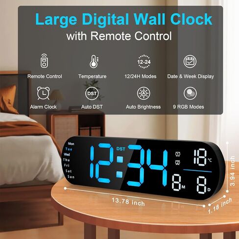 13.7" Digital Wall Clock Large Display with Remote Control, LED Digital Wall Clock with RGB Color Changing, Alarm Temperature DST, Auto Brightness Big Clock for Living Room, Classroom Gym Office Decor in Kuwait