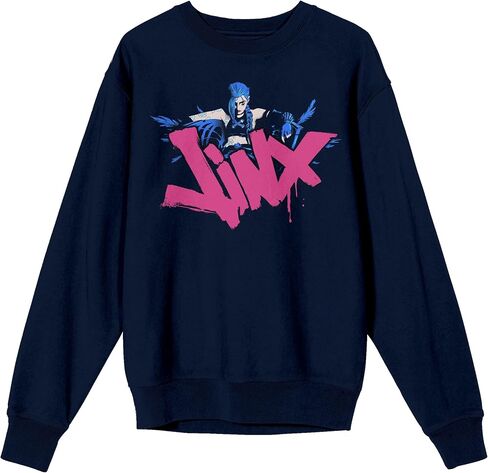 Bioworld Arcane Jinx, pink moon, graffiti jinx name and icon on navy Adult Crew Neck in Saudi Arabia