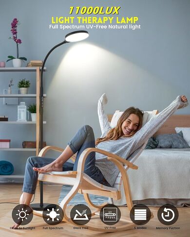 Light Therapy Lamp 11000 Lux, Full Spectrum LED UV-Free Sunlight Lamp with 10 Adjustable Brightness & 5 Color Temperatures, 3 in 1 Retractable Timer Control Therapy Floor Lamp, White in Saudi Arabia