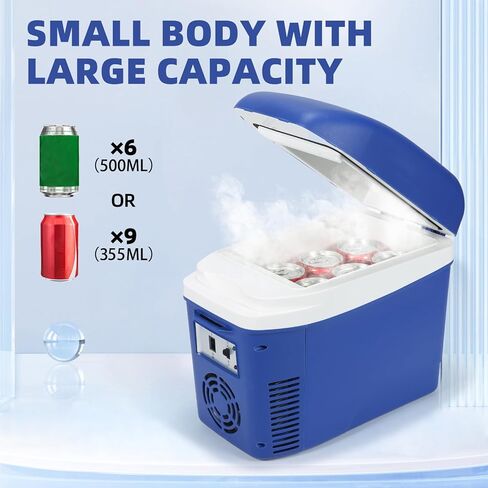 Iceblue 7L/9Can Blue Mini Fridge for Bedroom, 12V Car Charger & AC Plug Dual-use Small Refrigerator, Portable & Compact Electric Cooler for Dorm, Picnic, Travel in Kuwait