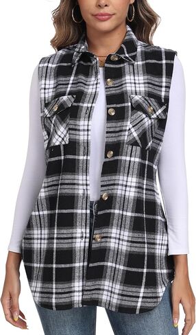 Mofiz Womens Long Flannel Plaid Vest Fall Winter Button Downlyless Shirt Shirt Cardigan Coard مع جيوب in Saudi Arabia