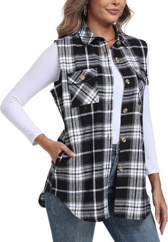 Mofiz Womens Long Flannel Plaid Vest Fall Winter Button Downlyless Shirt Shirt Cardigan Coard مع جيوب in Saudi Arabia